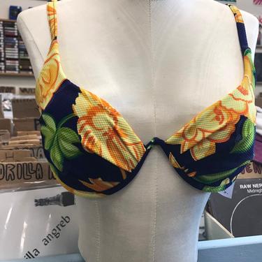 Bikini top Swimsuit Vintage 1990s sunflower print Floral bra top underwire 