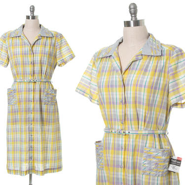 Vintage 1950s Shirtwaist Dress | 50s DEADSTOCK Plaid Cotton Yellow Purple Button Up Sheath Wiggle Shirt Day Dress with Pockets (x-large) 