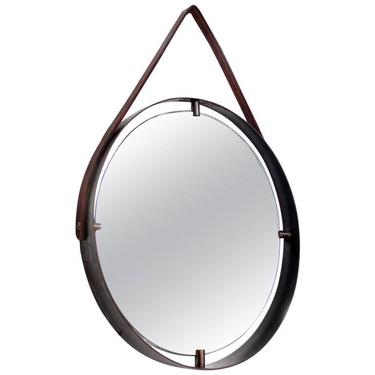 Contemporary Round Wall Mirror in Brass and Leather, Adnet Style 