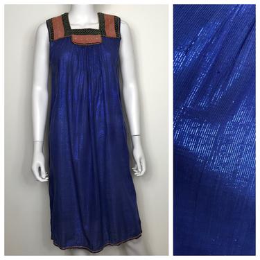 Vtg 70s quilted Indian gauze lightweight blue lurex ethnic dress caftan SM 