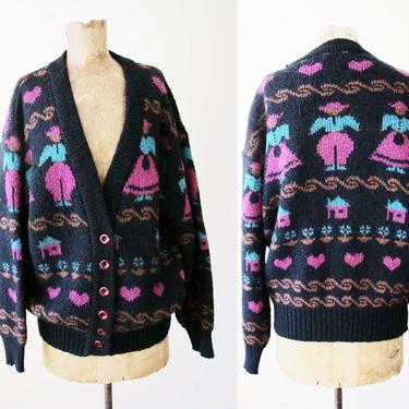 Vintage 80s Folk Art Cardigan M L - Black Purple Pennsylvania Dutch Print Cardigan Sweater - Cozy Colorful Knit Cardigan - Kawaii 