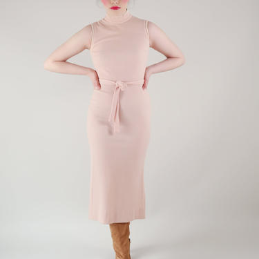 Vtg 60s Pink Knit Ribbed Wiggle Dress w Belt / Sleeveless Mod Side Sexy Dress / S/M 