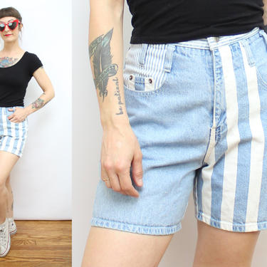 Vintage 90's Blue and White High Waisted Denim Shorts / 1990's Faded Cotton Shorts / Women's Size small / 26&amp;quot; Waist / 13 &amp;quot; Rise / 5&amp;quot; Inseam by Ru