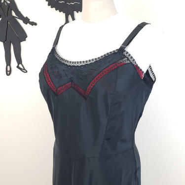 Vintage 1950's Black Lace Slip Nightgown / 60s Peignoir Lounge Wear Lingerie L/XL 