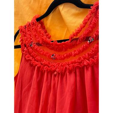 60s Lingerie Red Babydoll Nightgown with Ruffled Collar 