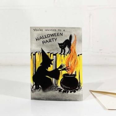 Vintage Halloween Party Invitation 1960s 1950s NOS Hallmark Card Witch Cat Couldron Ephemera Deadstock 