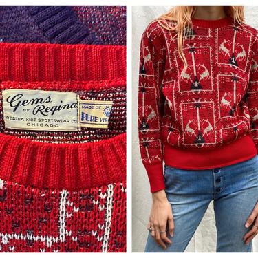 1940's Reindeer Sweater / Christmas Wonderland Top / Red Holiday Wool Knit Top / Mid Century 