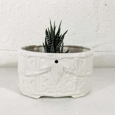 True Vintage White Ceramic Hanging Planter Airplant Holder Bamboo Basket 1960s Made in Japan Planter Air Plant Mid-Century Product MCM 
