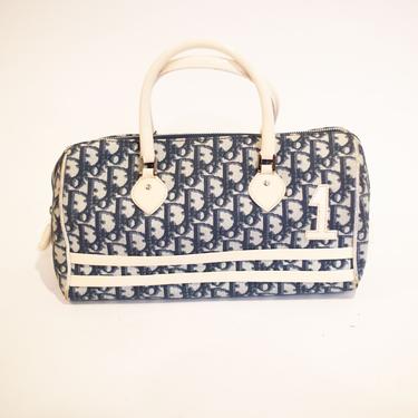 Vintage Christian Dior Diorissimo Trotter Bowler Bag in Navy + White Romantique Y2K Canvas + Patent Leather Galliano CD 