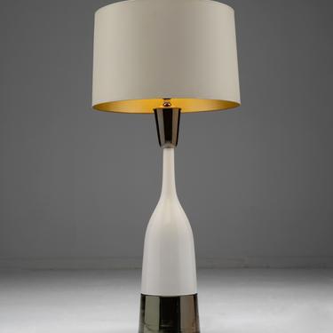 Tall White Pottery & Brass Table Lamp 