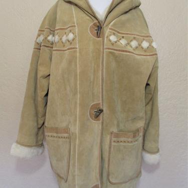 Vintage 1990s Venezia Leathers Sherpa Suede Hooded Coat, 18-20 Women, Tan Suede, Faux Fleece Lining 