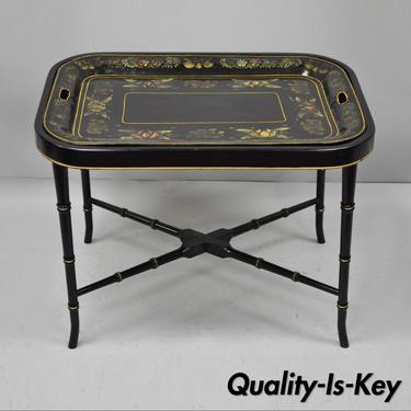 19th Century Tole Metal Serving Tray with Black Faux Bamboo Coffee Table Base