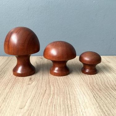Wooden mushroom trio - medium brown stained hand turned vintage decor 