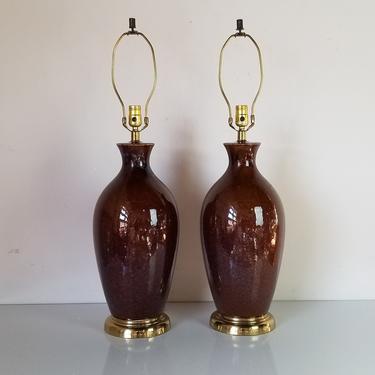 Vintage Brown Glazed Table Lamps With Brass Base - a Pair 