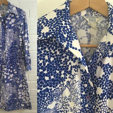 Vintage Sears Hearts Shirt Dress A-Line Blue Cobalt White Love Heart Print Long Sleeve Women's Large L 14 XL Plus Volup MCM Mod Boho Hipster 