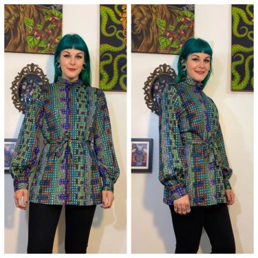 Vintage 1970’s Green and Blue Geometric Blouse 