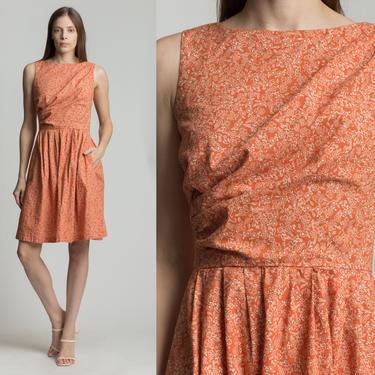 70s Orange Floral Mini Dress - Small | Vintage A Line Boho Draped Sleeveless Pocket Dress 