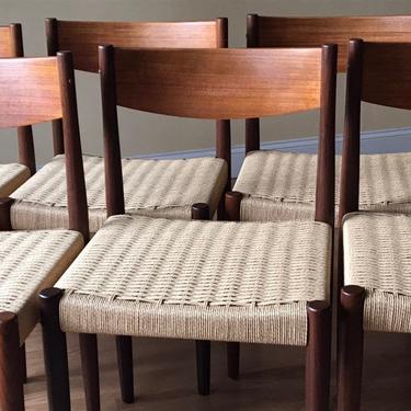 Set of six Poul Volter for Frem Rojle Teak/Afrormosia Dining Chairs, New Danish Paper Cord, newly woven. set of eight available 