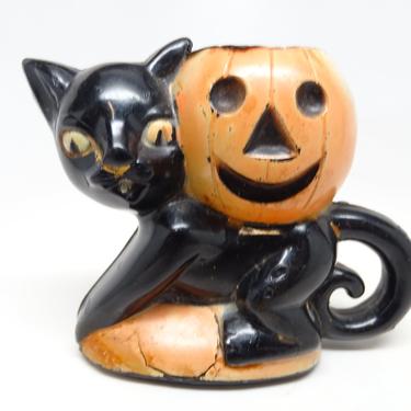 Vintage 1940's Halloween Candy Container, Rosbro Black Cat Holding a Jack-o-lantern, Antique Party Decor 