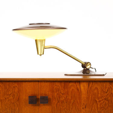 Mid Century Vintage Dazor Flying Saucer Desk Lamp — Fiberglass Lens — Warm Gray 