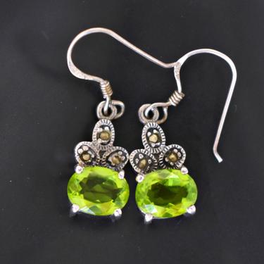 Unusual 80's sterling tourmaline marcasite Art Deco style dangles, edgy 925 silver green stones pyrite dark bling earrings, marked DBJ 