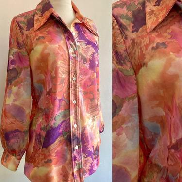 Vintage 70's Abstract WATERCOLOR PAINTING Print Blouse / Dagger Collar 