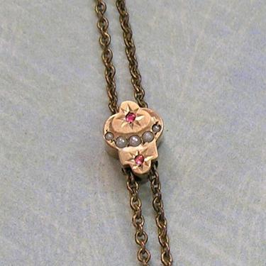 Antique Victorian 10K Slide With Seed Pearls and Pink Stones, Gold Filled Victorian Watch Chain With 10K Gold Slide, Antique Chain (#3903) 