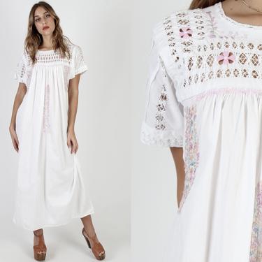 White Cotton Oaxacan Dress / Pastel Hand Embroidered Cut Out Dress / Vintage Crochet Eyelet Traditional San Antonio Maxi Dress 