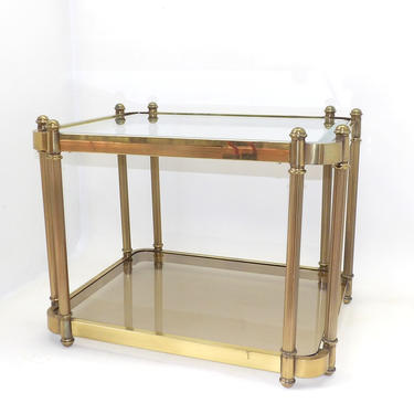 1960's Hollywood Regency Mid Century Modern Minimalist Brass 2 Tier Glass Side Table End Table Nightstand Gold Metal Base Office Business 