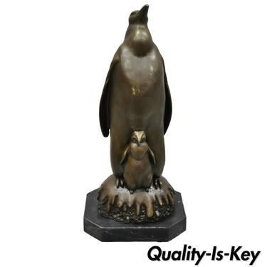 Bronze Art Deco Style Penguin &amp; Baby Penguin Sculpture Statue with Marble Base