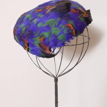 Vintage 50s feather hat / blue feather hat / feather fascinator / colorful feather hat 