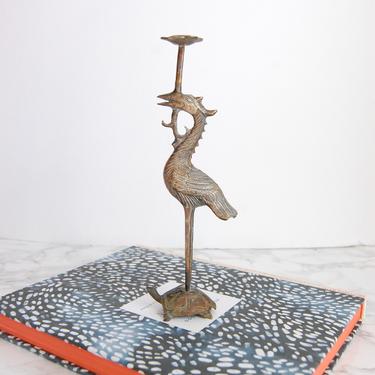 Vintage Brass Crane Turtle Statue - Brass Chinoiserie Statue - Brass Candlestick by PursuingVintage1