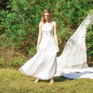 90s White Sheer Fairy Halter Dress Vintage Long Floral Maxi Dress 