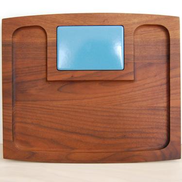 Mid Century Modern Solid Walnut and Light Blue Ceramic Tile Cheese Appetizer Tray 