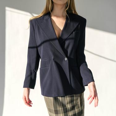 Vintage 90s Classiques Navy Blue Wool Gabardine Blazer w/ Embroidered Royal Crest Pocket | Made in Japan | 100% Wool | 1990s Designer Blazer 