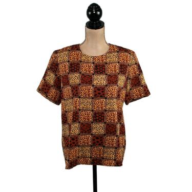 90s Polyester Blouse Medium, Short Sleeve Animal Print Patchwork, Boxy Loose Fit, 1990s Clothes Women, Vintage Clothing from Notations 