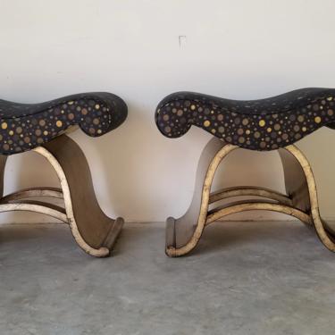 1990s Postmodern Style Ottomans with Silver Leaf Base by Swaim - a Pair. 