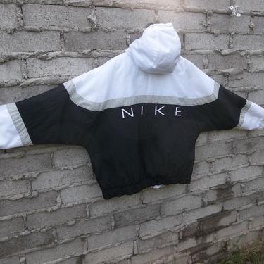 Vintage Nike Jacket Retro Windbreaker Color Block Black White Hooded 1990s 90s Fresh Prince Large Oversized 
