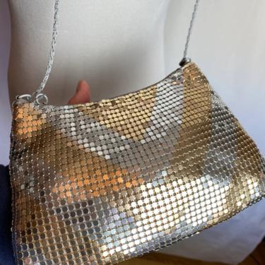 70’s glam purse Silver & gold shiny metallic mesh shoulder bag Chevron stripes disco style chain strap petite pouch evening bags 