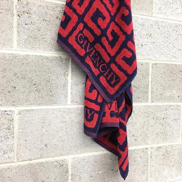 Vintage Beach Towel Retro 1990s Givenchy + Red and Blue Pattern + Designer Logo + Size 60x29 + Bath Towel + Shore and Outdoor Accessory 
