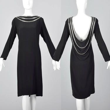 1970s Bob Mackie Sexy Winter Dress Backless Evening Dress Long Sleeves Little Black Dress Beaded Neckline Draped Back 