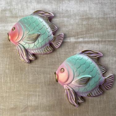 Pair or fish chalk ware 1967 Miller Studios inc colorful Ombre fish plaques Wall art Retro MCM home decor excellent condition 