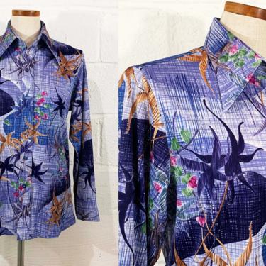 Vintage Abstract Floral Button Front Shirt Blue White Green 1970s 70s Long Sleeve Small Medium 