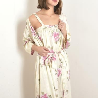 Vintage 1980s Lingerie / 80s Mary McFadden Rose Print Negligee and Robe Lounge Set / White Pink ( XS S ) 