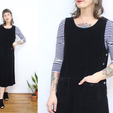 Vintage 90's Black Corduroy Market Dress / 1990's Cord Midi Dress with Pockets / Minimalist Chore Dress / Jumper / Women's Size Small 