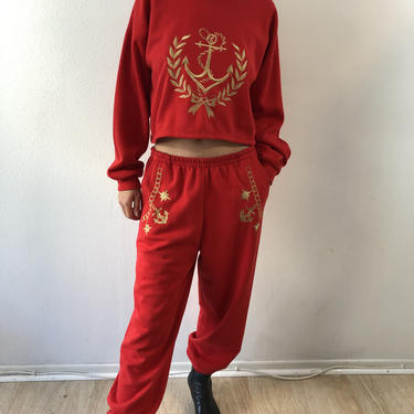 Red 80's Escada Cropped Sweatsuit 