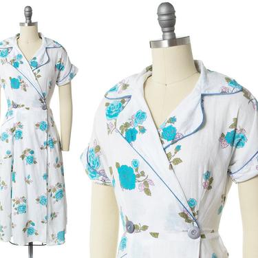 Vintage 1940s Wrap Dress | 40s Blue Rose Floral White Cotton Day Dress (xs) 