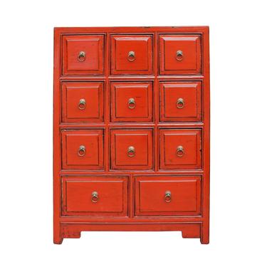 Oriental Distressed Orange Red Lacquer 11 Drawers Side Table Cabinet cs4514S