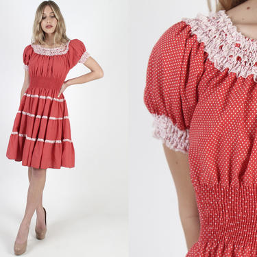 Vintage 70s Square Dancing Dress Red Polka Dot Americana Picnic Dress Western Prairie Folk Festival Dress Tiered Skirt Cotton Mini Dress 