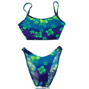 90s Blue and Green Tropical High Waisted Bikini Bottoms & Bikini Top // 1990s swimwear Bikini Set // Citrus // Size Large 